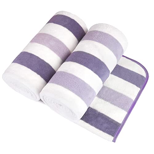 Image of JML Microfiber Bath Towels, Bath Towel 2 Pack 30 inch x 60 inch, Oversized, Soft, Super Absorbent and Fast Drying, Multipurpose Bathroom Towel Set for Sport, Fitness, Yoga, Coral Fleece Stripe Purple