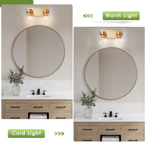 Image of Bathroom Vanity Fixtures, 2 Light Matte Gold Vanity Light with Clear Glass Shade, 15in Farmhouse wall Light, Lighting Fixture Over Mirror for Bathroom