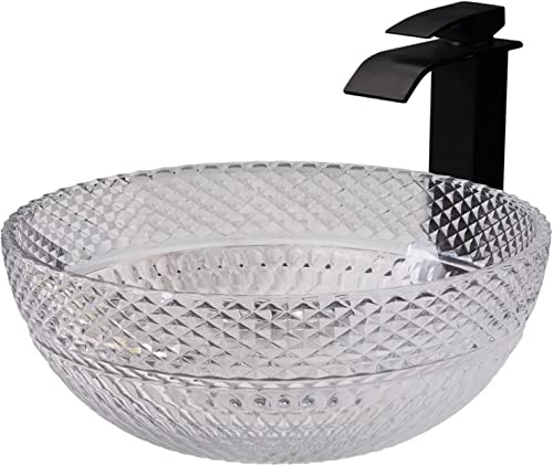Countertop Sink Vanity Round Transparent Hand Wash Basin Washplace 12MM Thickness Countertop Sink Wash Bowl with Waterfall Faucet, Pop Up Drain