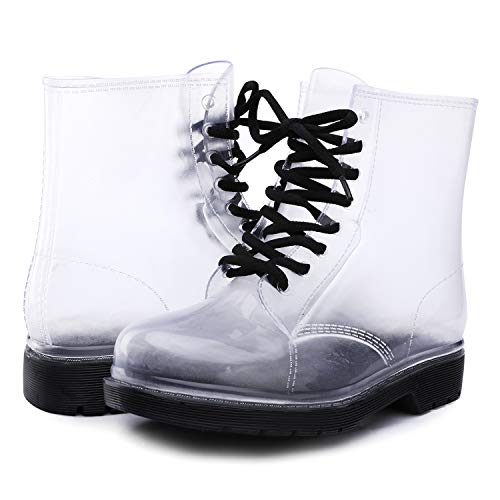 Catata Women's Ankle Rain Low Top Jelly Lace Up Waterproof Clear Outdoor Transparent Fashion Shoes, Black, 8.5 #TOP1