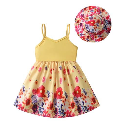 Image of Derouetkia Infant Baby Girl Dress Summer Halter Sleeveless Flower Dresses Toddler Beach Sundress with Hat