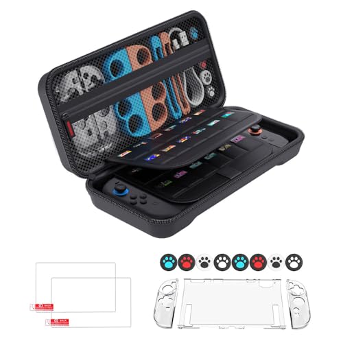 iH·Kdw Carrying Case for Nintendo Switch 2 (2025), Hold 24 Game Cartridge Large Storage Switch 2 Travel Case Cover, Clear cover+ 2* Screen Protectors + 8* Thumb Grip Caps - Valentines Day Gift for men