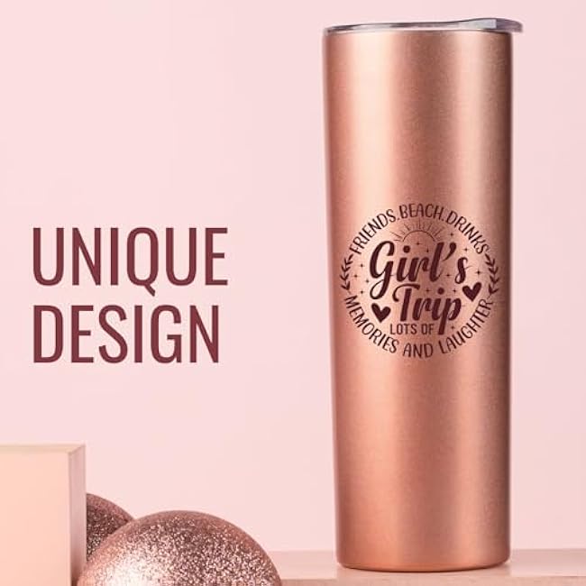 Onebttl Girls Trip Gifts for Women, Friends, Teens, Besties, Her - 20oz/590ml Stainless Steel Insulated Tumbler with Straw, Lid, Rose Gold