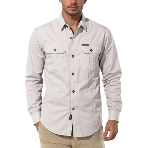 Lista de Camisas Caballero del mes. 41 CHUCI - Camisa Táctica, Camisas Tipo Cargo de Manga Larga con Bolsillos para Hombre, Camisa Casual Cómoda De Trabajo Al Aire Libre (Mediano, Blanco)