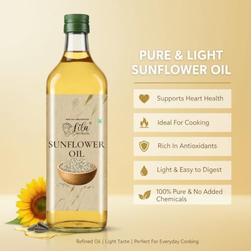 Image of LILA DRY FRUITS Sunflower Oil for Cooking 500 ML | Pure & Unrefined Cold Pressed Surajmukhi ka Tel | Hexane Free, Kolhu /Chekku, Refined Edible Oil for Frying, Daily Use Kitchen Oil Chemical Free