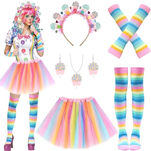 9 Pcs Galentines Day Candyland Costume Accessories Candy Headband Sweet Rainbow Necklace Lollipop Earrings Pink Tutu Gloves Tights for Valentines Day Photo Props Candy Theme Cosplay Accessories