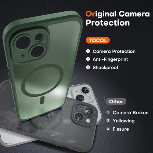 Image of TOCOL for iPhone 15 Case, Compatible with Magsafe, Full Camera Protection, Built-in Magnetic Ring, Drop Protection, Translucent Matte Phone Case for iPhone 15 6.1 inch (Alpine Green)