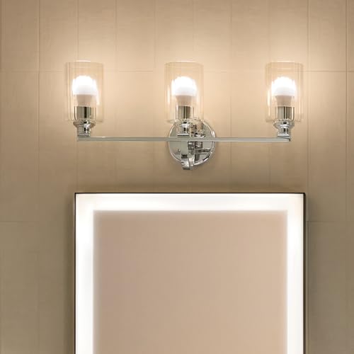Image of Kichler Gioe 24.25 inch 3-Light Bathroom Vanity Light Fixture with Clear Fluted Glass in Chrome, Damp Rated for Bathroom Over Mirror, Modern Style (24.25 inch W x 10.5 inch H), 55226CHFLU
