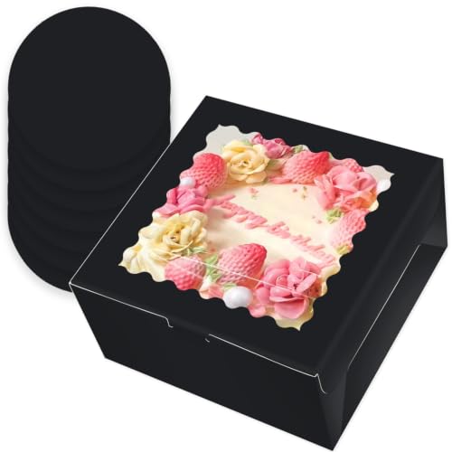 qiqee 10x10x5 Cake Box, 4 Sets Black Cake Box with Window ＆ 4 Sets 10" Black Cake Round Boards, 10inch Cake Containers