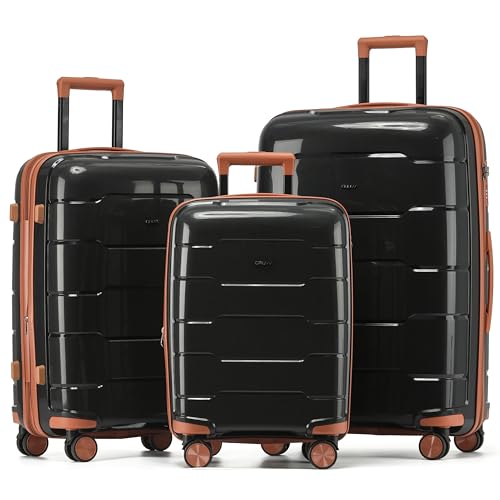 CRUW 3-Piece Luggage Set Expandable Polypropylene Suitcase Set TSA Locks 8 Silent Spinner Wheels Lightweight Nested Suitcases Travel Set easyJet British Airways Jet2 Approved Carry-On Black/Tan