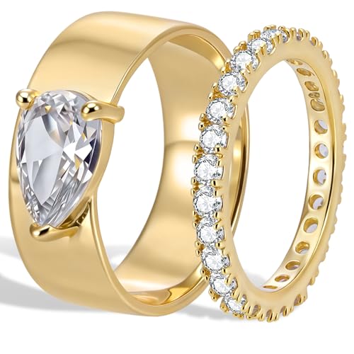 ENDLESLOOP Gold Plated Pear Shaped Engagement Rings for Women Radiant Cut Oval Baguette Solitaire Ring Fashion Wedding Dainty Stacking Cubic Zirconia Eternity Band Ring Gold Size 6