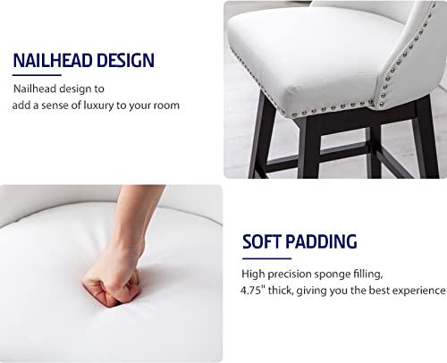 Kmax Leather Counter Height Bar Stools Swivel Farmhouse Bar Stools With Wood Legs Nailhead Footrest For Kitchen Island, Set Of 4- White #TOP4