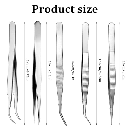 5 Pcs Multipurpose Stainless Steel Tweezers, Non-Slip Round Tips & Curved Pointed Tweezers for Crafting Cooking Repairing Baking Grilling Sewing Model Tweezer Tongs(5 Length)