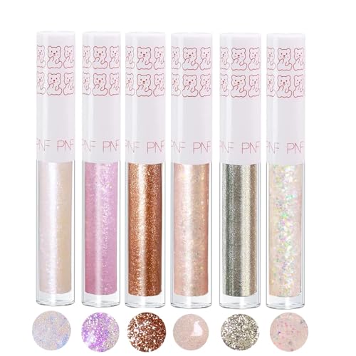 Liquid Glitter Eyeshadow Set with Shimmering Rainbow Glitter - Six High-Shimmer Liquid Eyeshadows for Party and Daily Wear, Long Lasting, Waterproof & Smudge Proof Makeup, Champagne, Lilac, Copper,