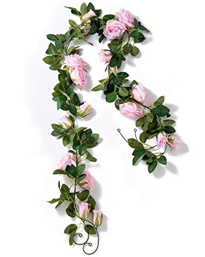 Flojery 6.5Ft Silk Rose Vine Artificial Rose Garland Fake Hanging Flower For Wedding Wall Bedroom Home Decor,Pack Of 2 (Cute Pink) #TOP27