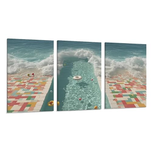 3 Panel Framed Canvas Wall Art - Modern Ocean Pool
