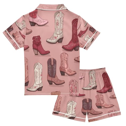 Satin Pajama Sets Short Sleeve Cowboy Boots Floral Kawaii Button Down Silky Nightwear 2 Piece PJS 5-14Y2