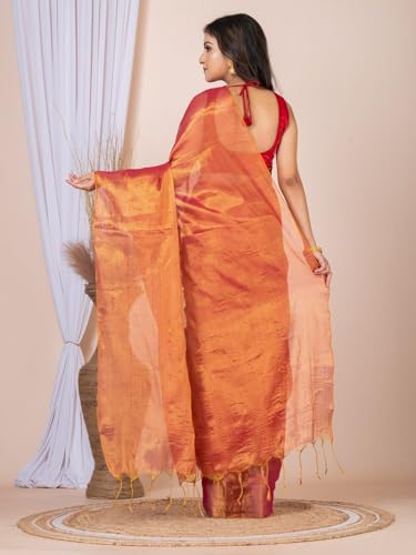 Image of Women's Tissue Cotton Saree | Plain Lightweight Tassel Pallu Saree with Blouse