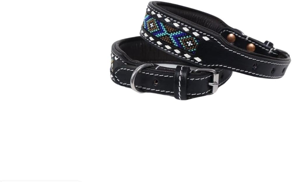 Leather Dog Collar Extra Small Size Western Style Heavy Duty Hand Tooled Adjustable Beaded and Padded Soft for Puppies and Big Dogs 10IS002-XS