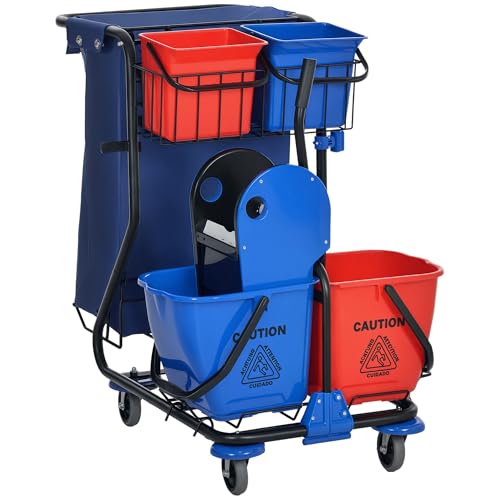 HOMCOM Carro de Limpieza con Bolsa de Basura Carro de Servicio con Doble Cubo de 18 litros Escurridor de Prensa 2 Cubetas Auxiliares 93x80x97 cm Rojo y Azul