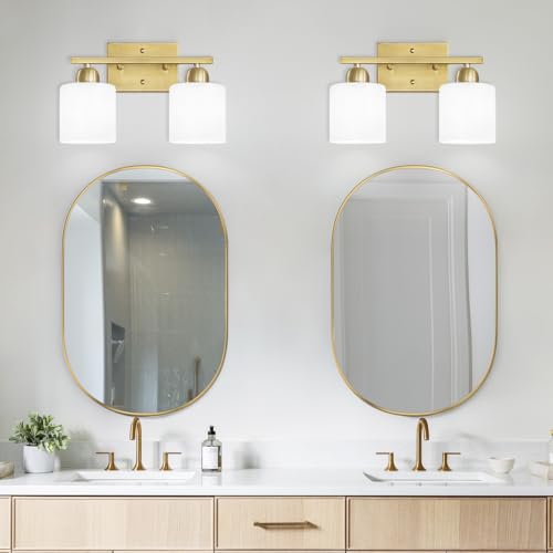 Image of 2 Light Bathroom Vanity, Bathroom Lights Over Mirror with Milky White Frosted Glass Shades, Gold Vanity Light for Mirror Living Room Bedroom Hallway E26 Base