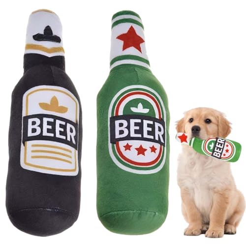 Confezione da 2 giocattoli da masticare per cani a forma di bottiglia di birra in peluche morbido | Giocattoli per cani | giochi cane Giocattoli da masticare con cigolio per cani di piccola media