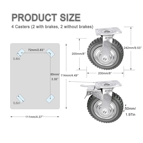 tonchean 8 Inch Scaffolding Caster Wheels Set of 4, Heavy Duty Industrial Caster Wheels with Dual Locking Swivel Caster 360 Degrees No Noise for Cart Furniture Workbench (2 Swivel, 2 Fixed)