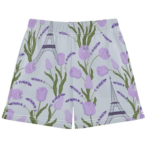 pnyoin Girl's Shorts Eiffel Tower Tulips Floral Athletic Running Shorts with Pockets Size 9-10t Multi