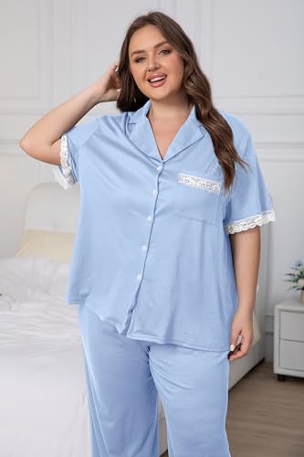 Image of Vozanet Women Short Sleeve Long Pants Pajama Sets Lace Trim Button Down Sleepwear Plus Size Knit Loungewear Sexy Nighty