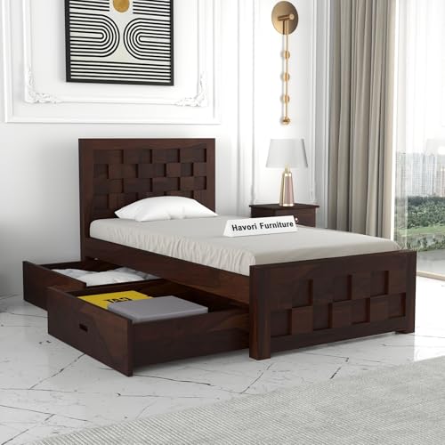 Image of Solid Sheesham Wood Single Size Bed with 2 Drawer Storage Wooden Single Cot Bed for Home Living Room Bedroom Guest Room Hotel (Walnut, Size 6 * 3)
