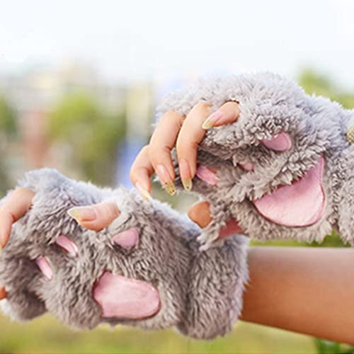 RackboneFleece-Handschuhe für Damen, Katzenpfotenhandschuhe, Kunstfell-Winterhandschuhe, warm, halber Finger, niedlich, Cosplay, Cartoon-Handschuhe, grau