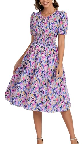 Image of Kormei Women Summer Casual Boho Floral Round Neck Short Sleeve Smocked Waist Tiered Flowy Swing Midi Dress