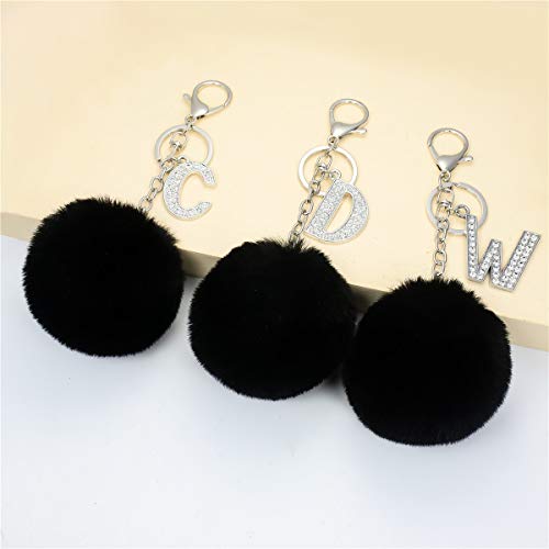 Czsycdsf Crystal Initial Letter A-Z Puff Fur Ball Keychain, Black Pom Pom Keyrings Soft Faux Rabbit Fur Balls Key Chain Fluffy Keyrings Car Keyring Pendant Artificial Fur Ball Key Ring Accessory, K #TOP2