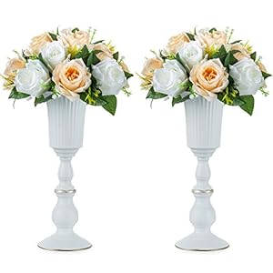Pièce Maîtresse Décorative de Table Blanche Vase à Fleur Métal de 2 Pièces, Vase de Centre Table Mariage pour la Décoration D’anniversaire de Partie, Arrangements Fleurs Artificielles 31.9cm Haut