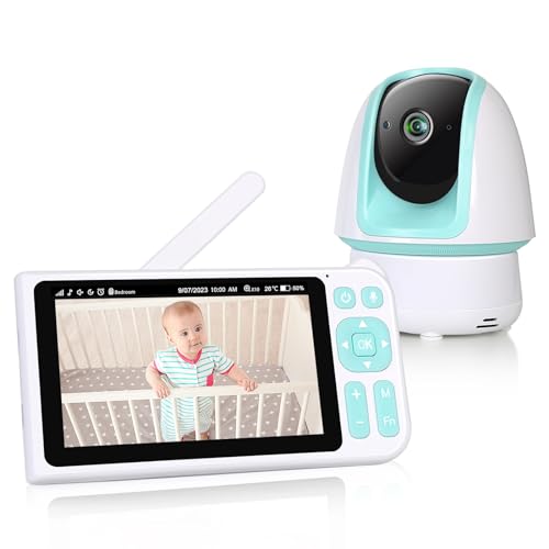 1080p FHD Video Baby Monitor with Camera and Audio, 3000ft Range, 5” Display, No WiFi, 2-Way Audio, Night Vision, Lullabies, 5000mAh Battery and Pan Tilt Zoom