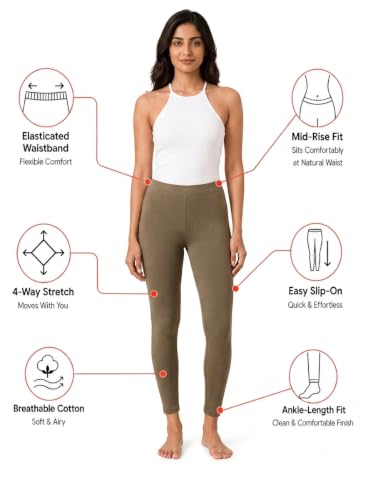 Image of Women's Cotton Lycra Ankle Length Leggings | Regular Rise, Soft 4 Way Stretch Fabric | Casual & Ethnic Wear