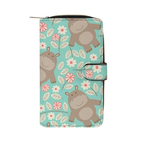 Hippo PU Leather Womens Wallet Large Capacity Zippered Bifold Purse with 12 Card Slot Coin Case, 19.7x11x3.5cm, style-17