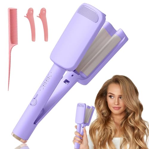 TGKYK French Wave Curling Iron, 32 mm Big Wave French Hair Curler, Deep Wave Hair Curler with 4 Gears Temperature 160-220°C, Rapid Heating and Anti-Scald Hair Waver Crimper for All Hair Types, Violet