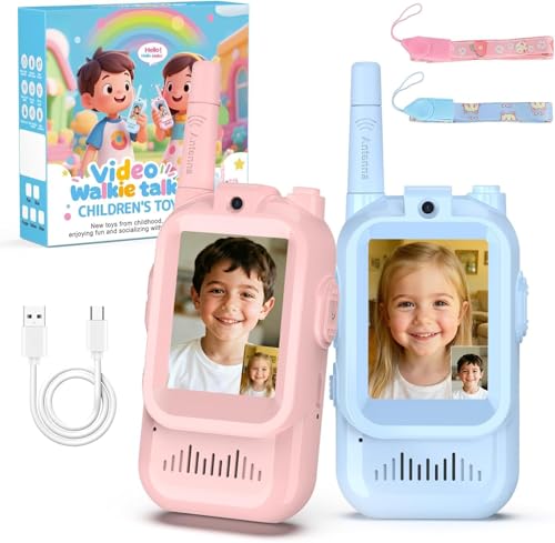 2-Pack Video Walkie-Talkies for Kids, Rechargeable, Indoor and Outdoor, Ages 3-12, Blue and Pink