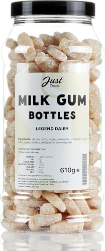 Just Treats Dusted Milk Bottles Retro Sweets Gift Jar 610g – Foam Milk Gum Bottles, The Original Not-Too-Sweet Recipe – Childhood Favourite Sweet Gift, Made in the UK