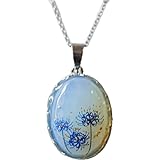 ペンダント ネックレス 天然石オパールと青い彼岸花 金箔飾り シルバーカラー 24k