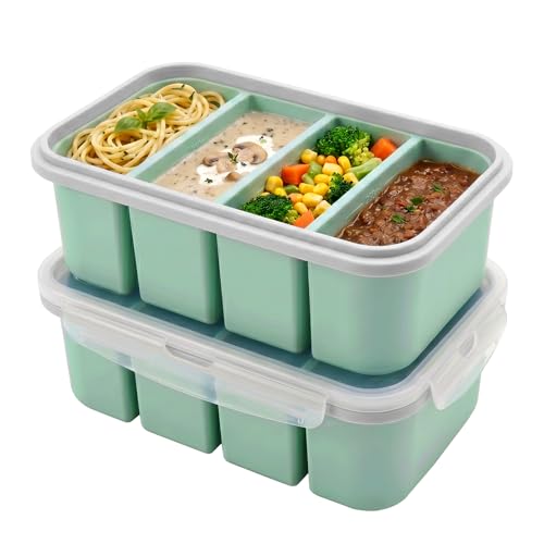 Solyxis 2 Pièces Récipients de Congélation pour Soupe, Moule Silicone 4 Compartiments avec Couvercle et Fermoir à Clip, Bac à Glaçons sans BPA Pour Soupe, Bouillon, Sauce et Préparation de Repas, Bleu