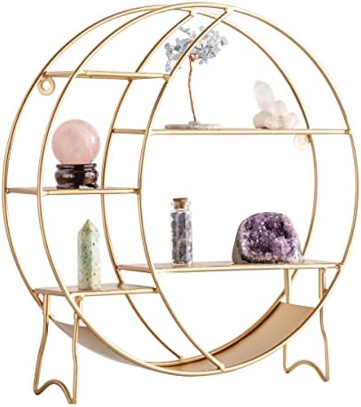 Apresolar Moon Shelf for Crystals - Circle Shelf Wall Decor for Wall and Countertop - Crystal Shelf Display for Stones, Essential Oil, Pendulum - Boho Hanging Moon Shelves, Wiccan Decor (Matte Gold)