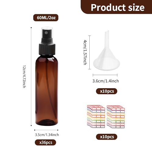 36 Pack Amber Spray Bottles 2 oz Small Spray Bottle Plastic Mini Sprayer Empty Bottle, Refillable Fine Mist Spray Bottles Bulk for Travel, Essential Oils2