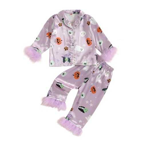 Image of Ayalinggo Toddler Baby Girl Halloween Pajamas Feather Satin Silk Button Down Pumpkin Pjs Outfit Nightgown Jammies Lounge Set