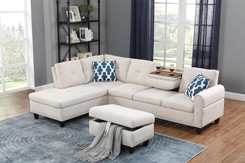 ACQCA 98" L-Shaped Sectional Couch with Storage Ottoman and Left Facing Chaise,Linen Upholstered Sofa with 2 Cup Holders and 2 Throw Pillows for Living Room,Beige