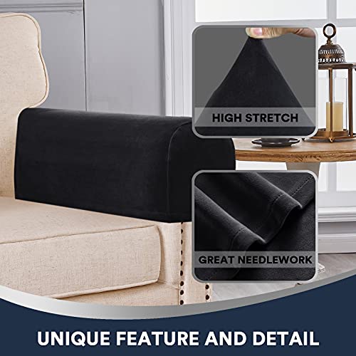 Sofa Armrest Covers Stretch Velvet Plush Arm Covers For Chairs And Sofas Anti-Slip Couch Armrest Covers With Sticker Furniture Armrest Protector For Sofa Couch Chair Recliner, Set Of 2, Black #TOP4
