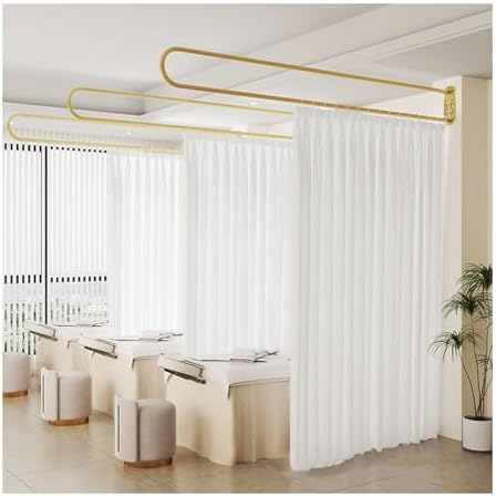 Wall Mounted Privacy Curtains with U-Shape Gold Rod & White Flat Hooks, Medical & Salon Partition, 230cm Beige Room Divider for Hospital & Bedroom Use