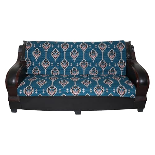 Image of 7 Seater Sofa Cover | Universal Non-Slip Fully Covered Protector for 3+2+2 Sofa Set | Durable Slipcover for Living Room Royal Leaf Motif (Teal Elegance)