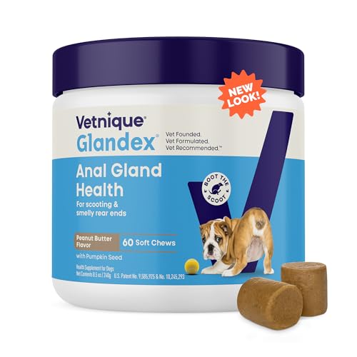 Vetnique Glandex Anal Gland Soft Chew Treats with Pumpkin for Dogs Digestive Enzymes, Probiotics Fiber Supplement for Dogs Boot The Scoot (Peanut Butter Chews, 60 Count)